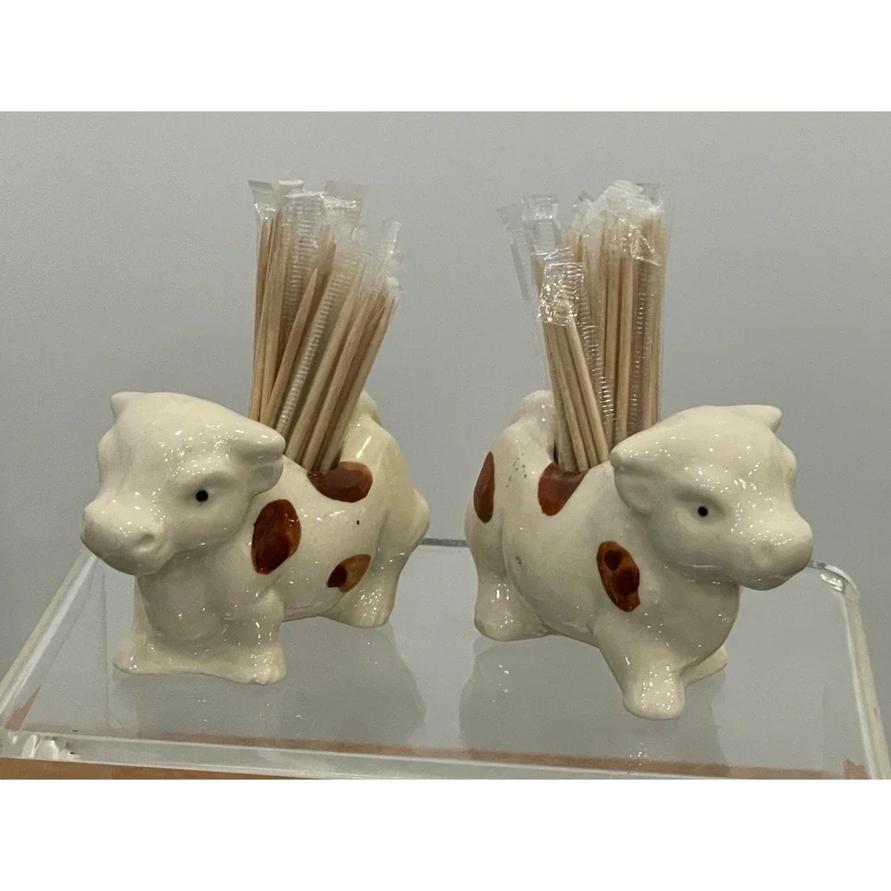 Cow Toothpick Holder Ceramic Vintage Set of 2 White Brown 3.25